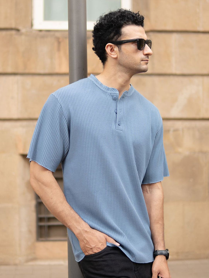 Powerlook SS25 Oversized Typography Printed Structure Knit Henley Neck T-Shirt
