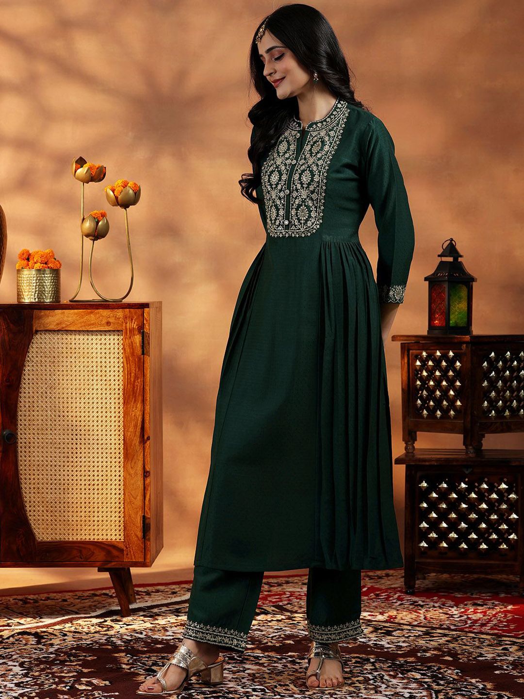 Libas Floral Yoke Design Zari Work Pleated Dobby Weave A-Line Kurta With Trouser & Dupatta