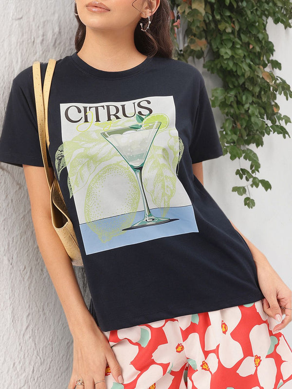 Asas-asas bandar dressberry dicetak t-shirt santai yang santai