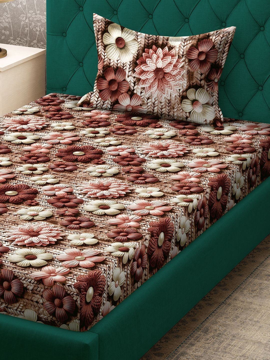 Myntra Elegant Brown Floral Printed Dilengkapi 300 TC Single Cadar 7D & 1 Sarung Bantal
