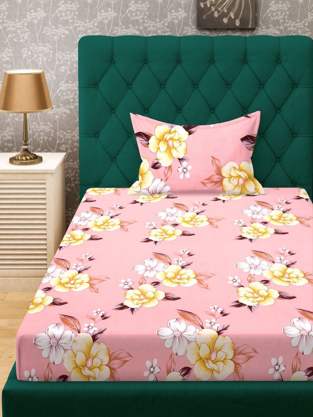 Myntra Elegant Homes Pink & Yellow Printed 300 TC Single Bedsheet Set 2.25 m x 1.50 m