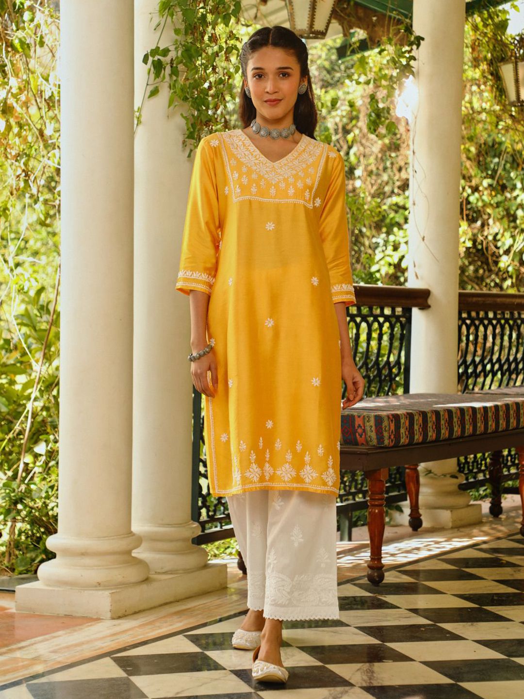 House of Chikankari Women Yellow Chanderi Chikankari Embroidered Kurta