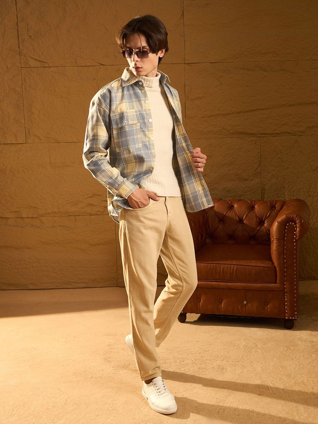 DENNISON Men Double Pocket Drop Shoulder Oversized Cotton Checked Shacket