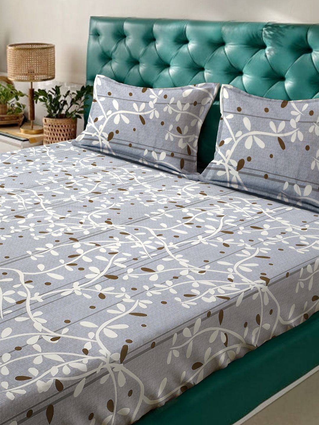 KLOTTHE Grey Floral Printed Dilengkapi 300 TC Double King Cadar Dengan 2 Sarung Bantal