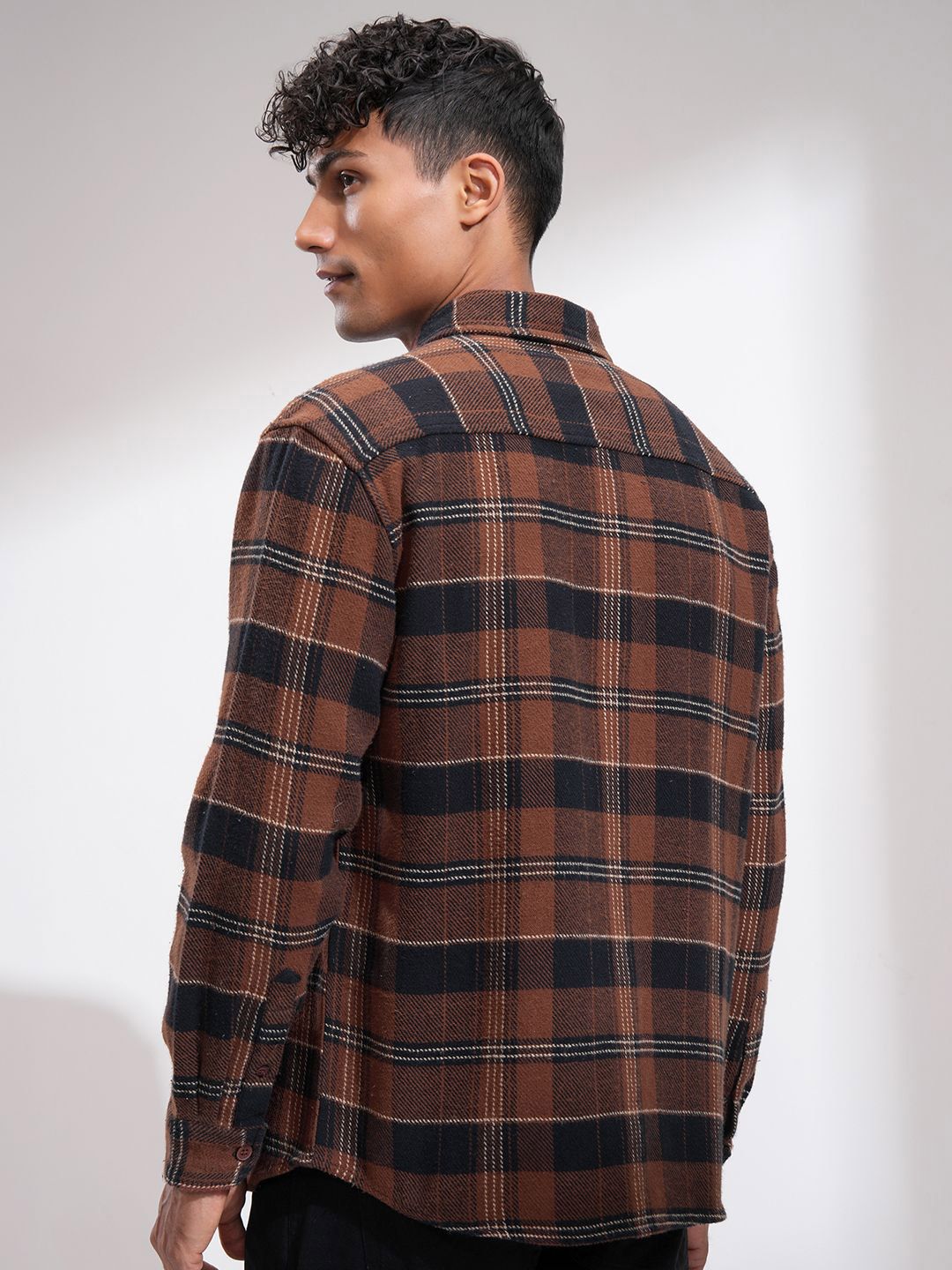 HIGHLANDER Men Relaxed Fit Spread Collar Tartan Checked Cotton Casual Shacket