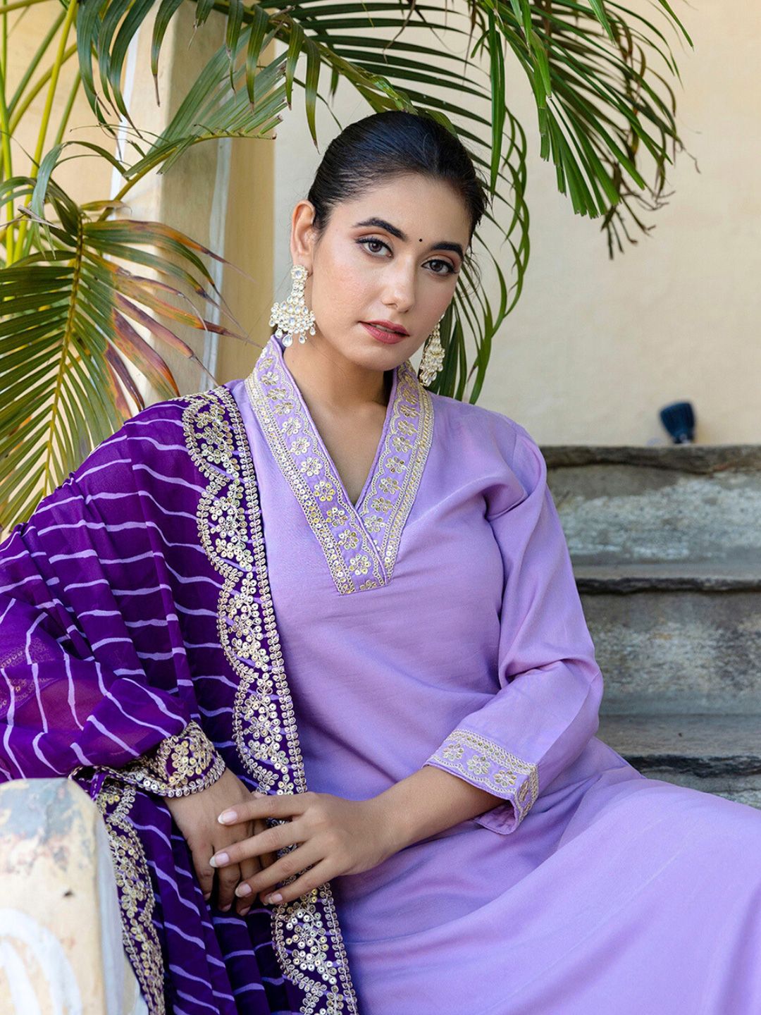 KALINI V-Neck Zari Mirror Work Kurta with Trousers & Dupatta