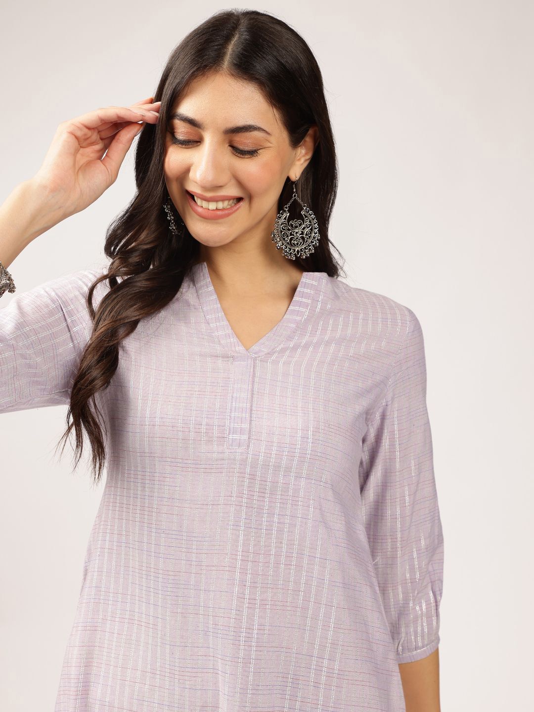 Anouk Lavender Striped Straight Kurta with Trousers