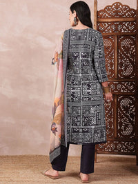 KALINI Geometric Printed Thread Work Straight Kurta with Trousers & Dupatta