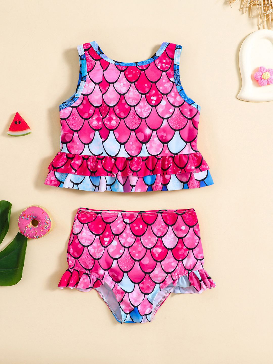YK Girls Printed Top & Shorts Swim Set