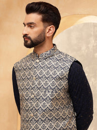 Anouk Navy Blue Embroidered Pure Cotton Straight Kurta With Pyjamas And Nehru Jacket
