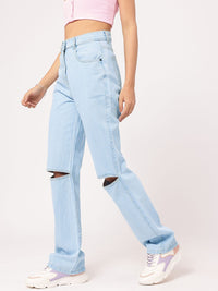 DressBerry Women Slash-Knee Edge Straight Fit Pure Cotton Jeans