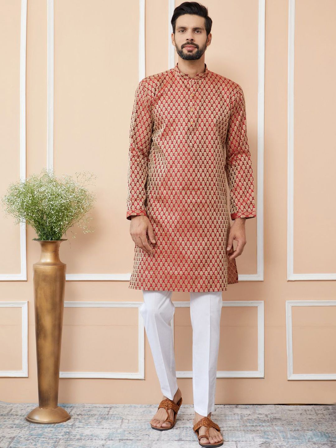 See Designs Ethnic Motifs Woven Design Mandarin Collar Silk Jacquard Straight Kurta