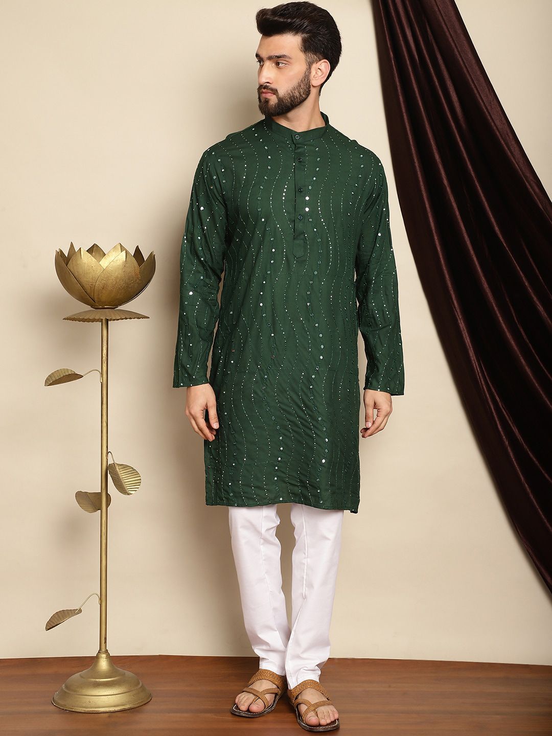 Anouk Leheriya Mirror Sequined Mandarin Collar Pure Cotton Kurta With Churidar