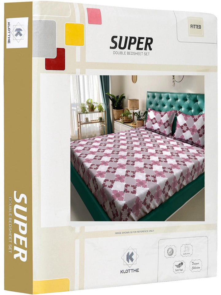 KLOTTHE Pink & Kelabu Geometric Printed 400 TC Cotton Set Cadar King 2.50 m x 2.25 m