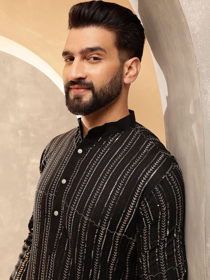 Anouk Black Striped Sequinned Pure Cotton Straight Kurta With Pyjama