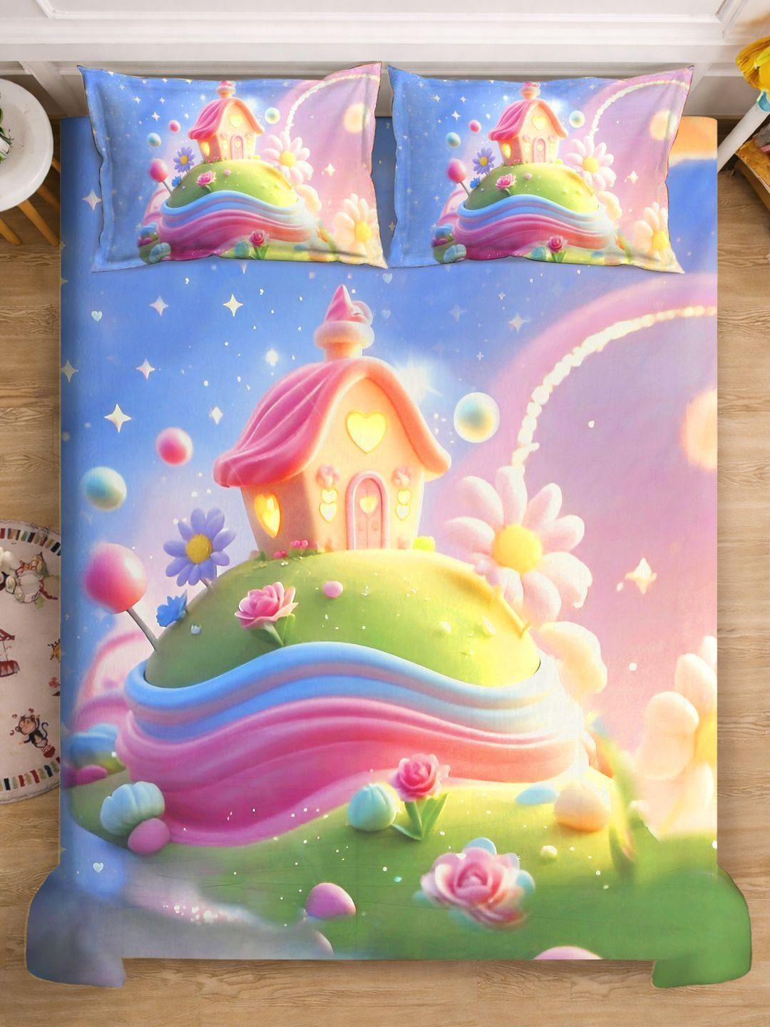 Watak Kartun Biru 7D 400 TC Double King Superfine Cadar Dengan 2 Sarung Bantal