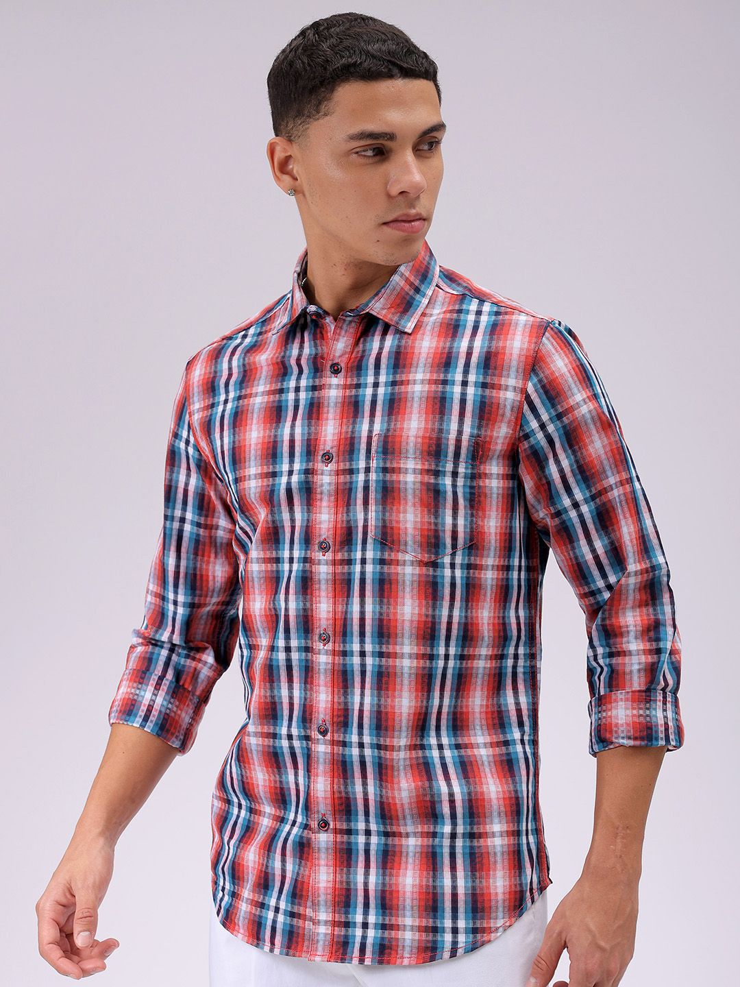The Indian Garage Co Men Cutaway Collar Checked Cotton Slim Fit Casual Shirt