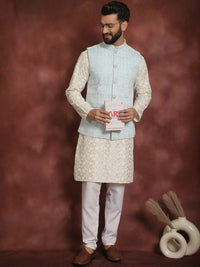 Anouk Floral Embroidered Mandarin Collar Thread Work Kurta & Churidar With Nehru Jacket