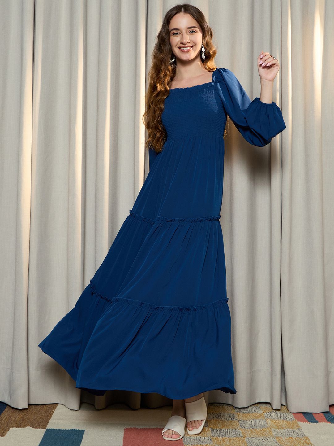 Berrylush Women Tiered Smocked Details Puff Sleeve A-Line Maxi Dress