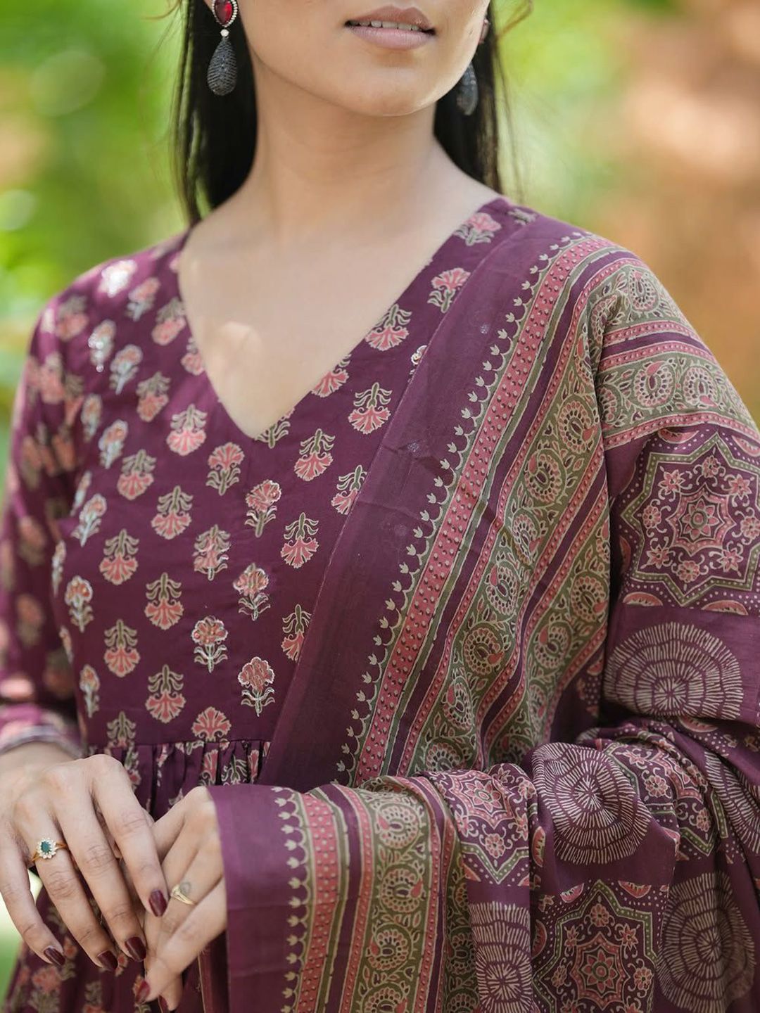 KALINI Floral Printed V-Neck Anarkali Kurta with Trousers & Dupatta