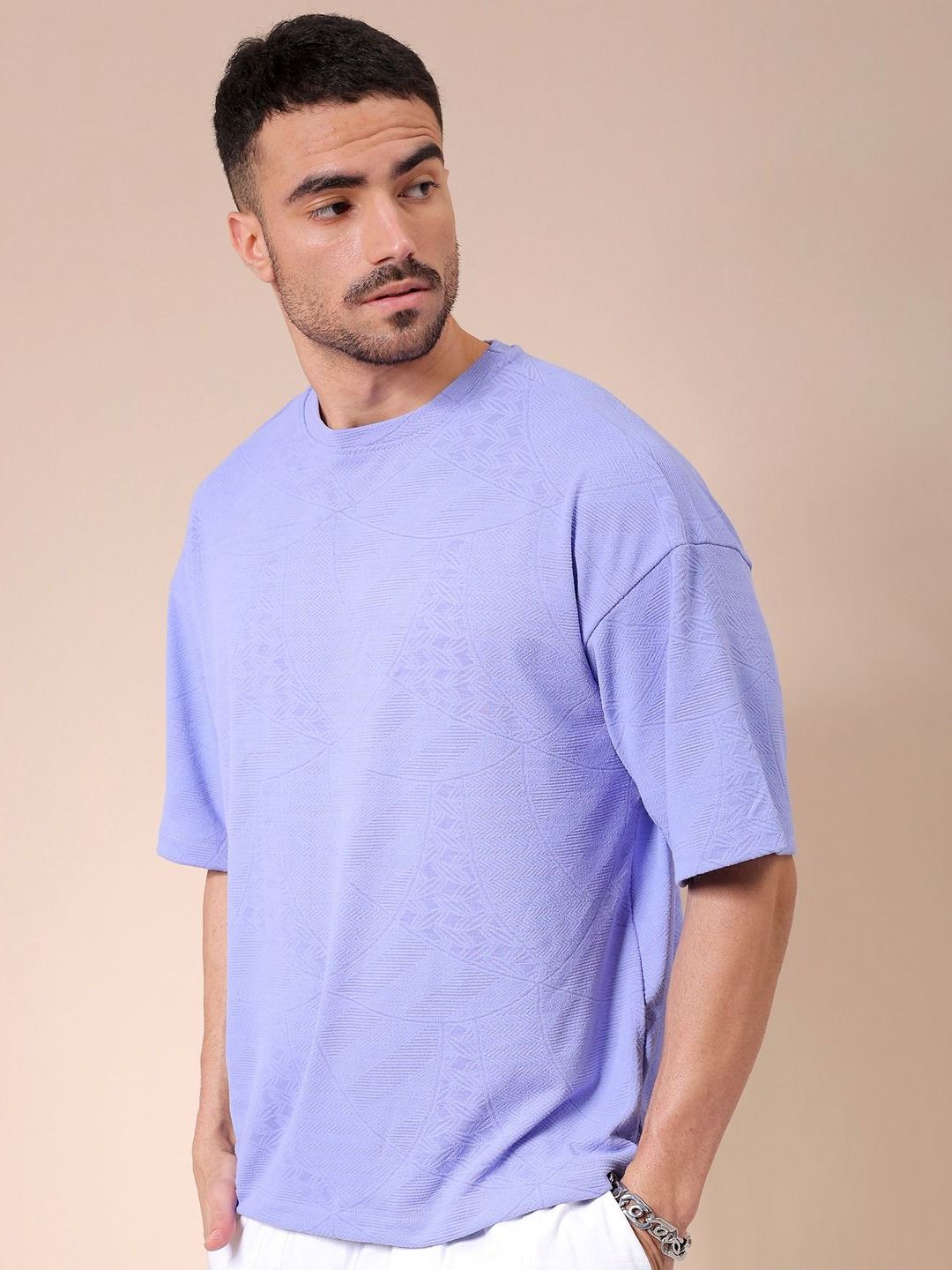 The Indian Garage Co Men Self Design Round Neck Oversized T-shirt
