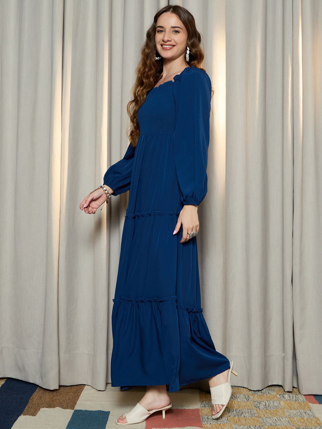 Berrylush Women Tiered Smocked Details Puff Sleeve A-Line Maxi Dress