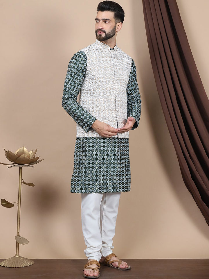 Anouk Floral Printed Regular Straight Kurta With Churidar & Nehru Jacket