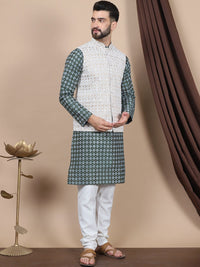 Anouk Floral Printed Regular Straight Kurta With Churidar & Nehru Jacket