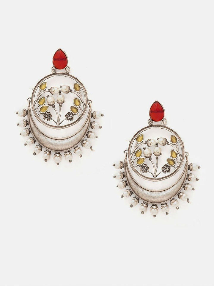 Priyaasi Silver-Plated Ruby Studded & Beaded Contemporary Oxidised Chandbalis Earrings