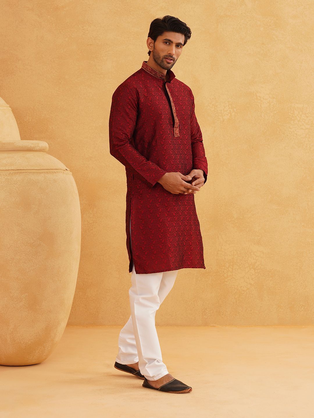 SOJANYA Woven Design Embroidered Band Collar Kurta With Churidar