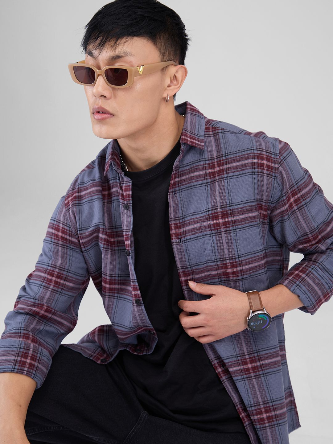 VASTRADO Men Classic Spread Collar Tartan Checked Cotton Slim Fit Casual Shirt