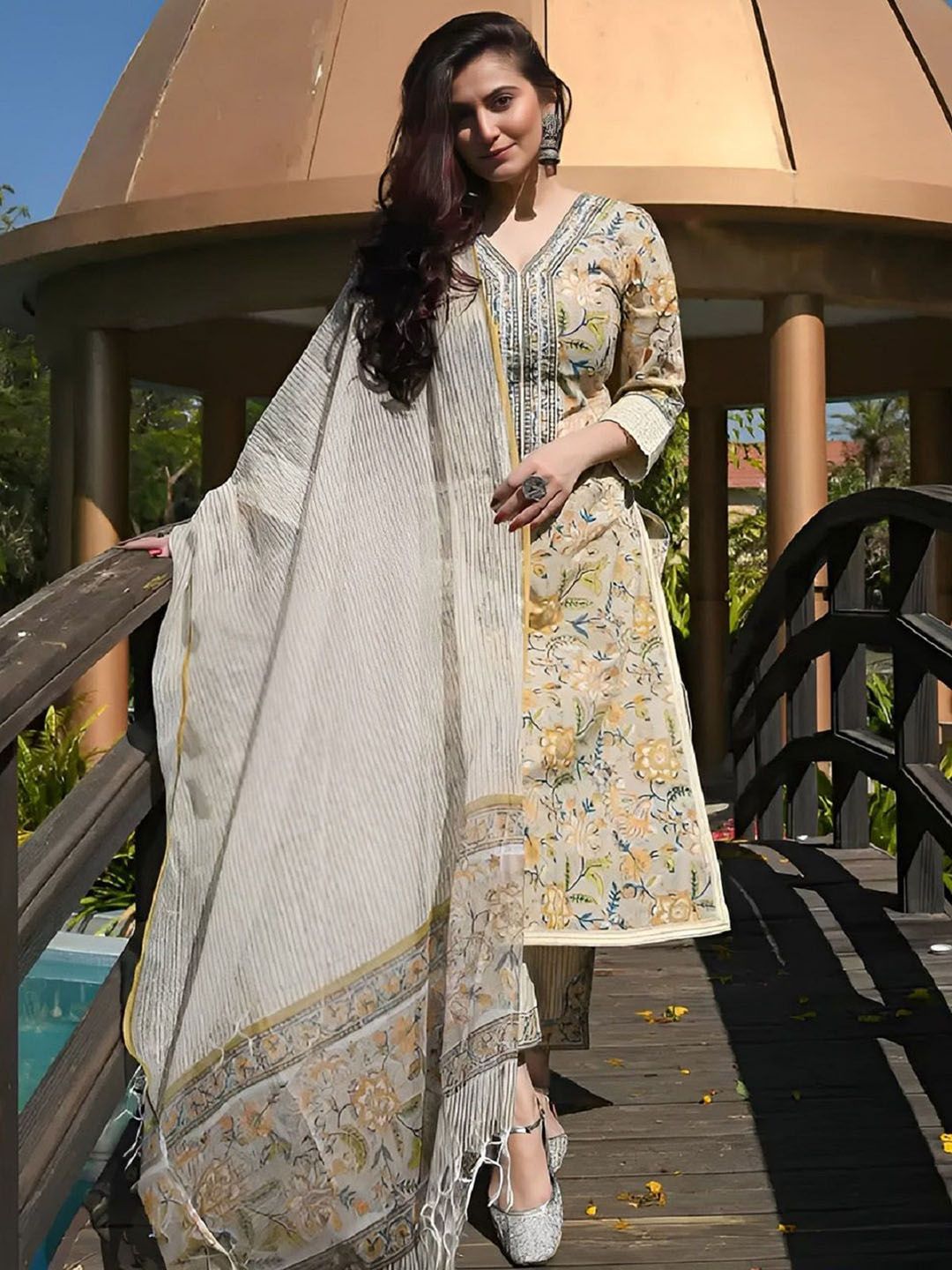 KALINI Floral Printed Straight Kurta With Trousers & Dupatta