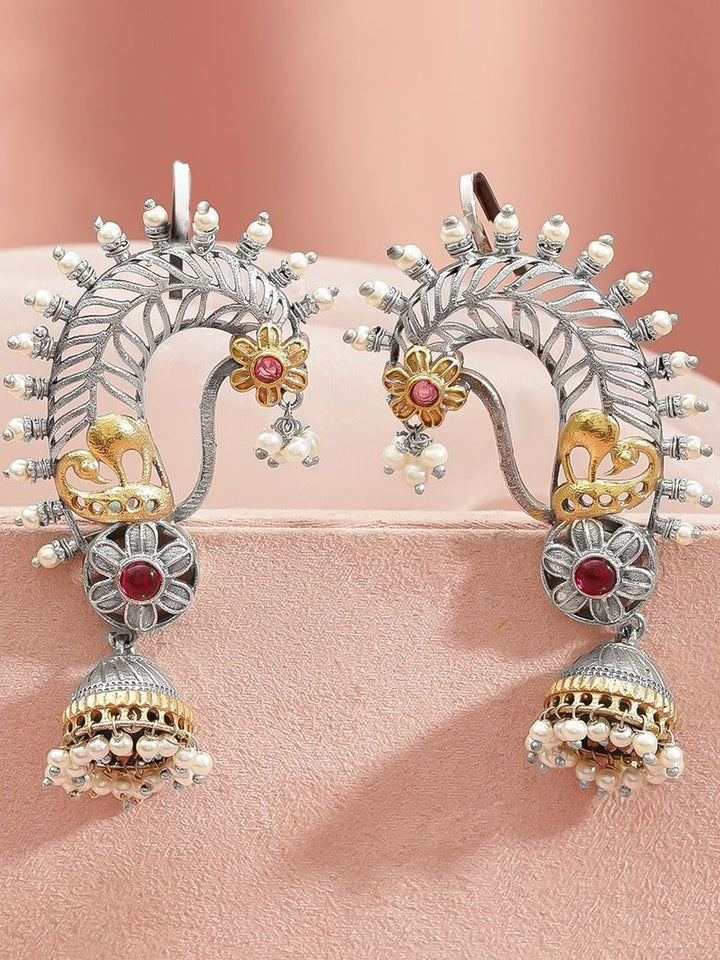 Rubans Rhodium-Plated Stones Studded And Beaded Oxidised Paisley Shaped Ear Cuff