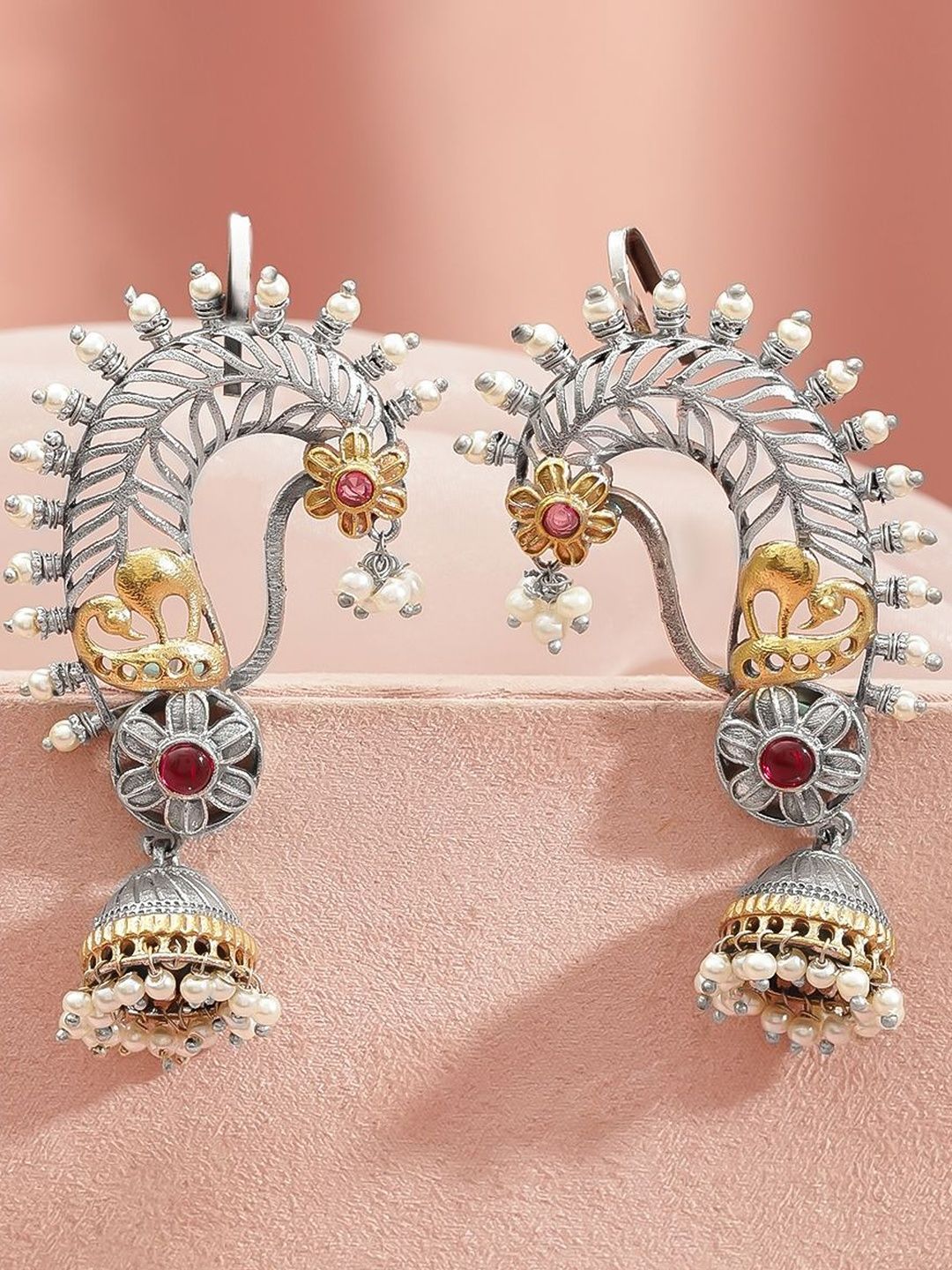 Rubans Rhodium-Plated Stones Studded And Beaded Oxidised Paisley Shaped Ear Cuff