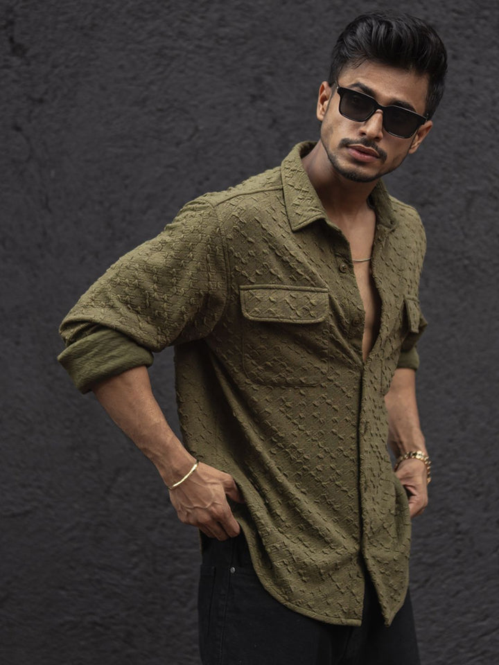 Powerlook Men Spread Collar Textured Relaxed Fit Casual Shirt