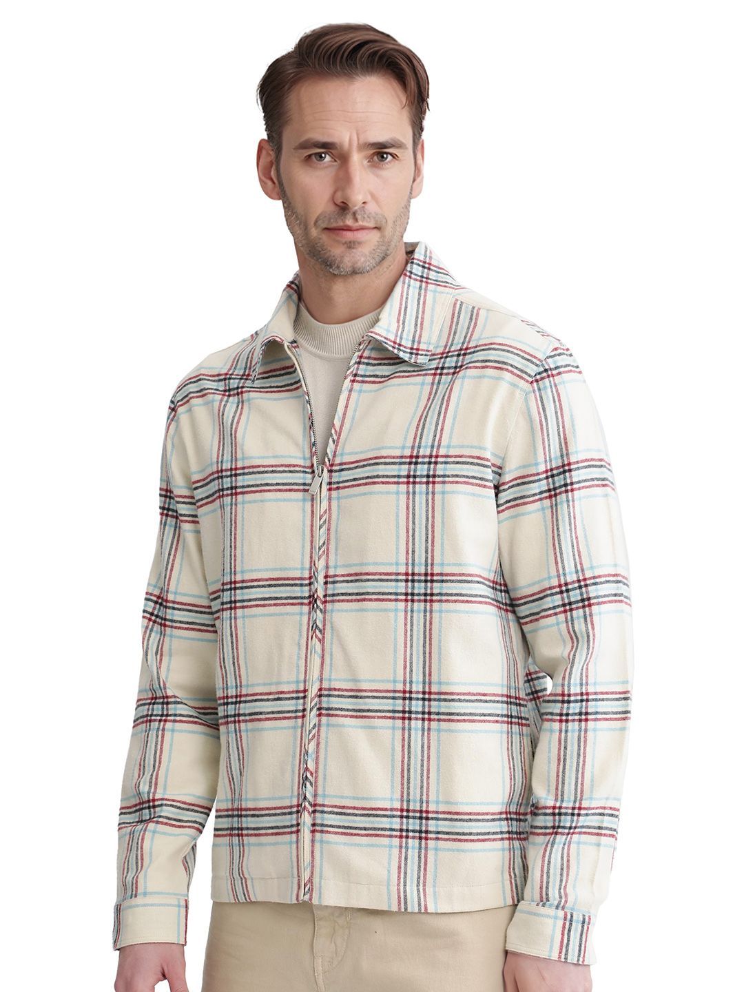 RARE RABBIT Men Checked Cotton Open Front Jacket with Embroidered