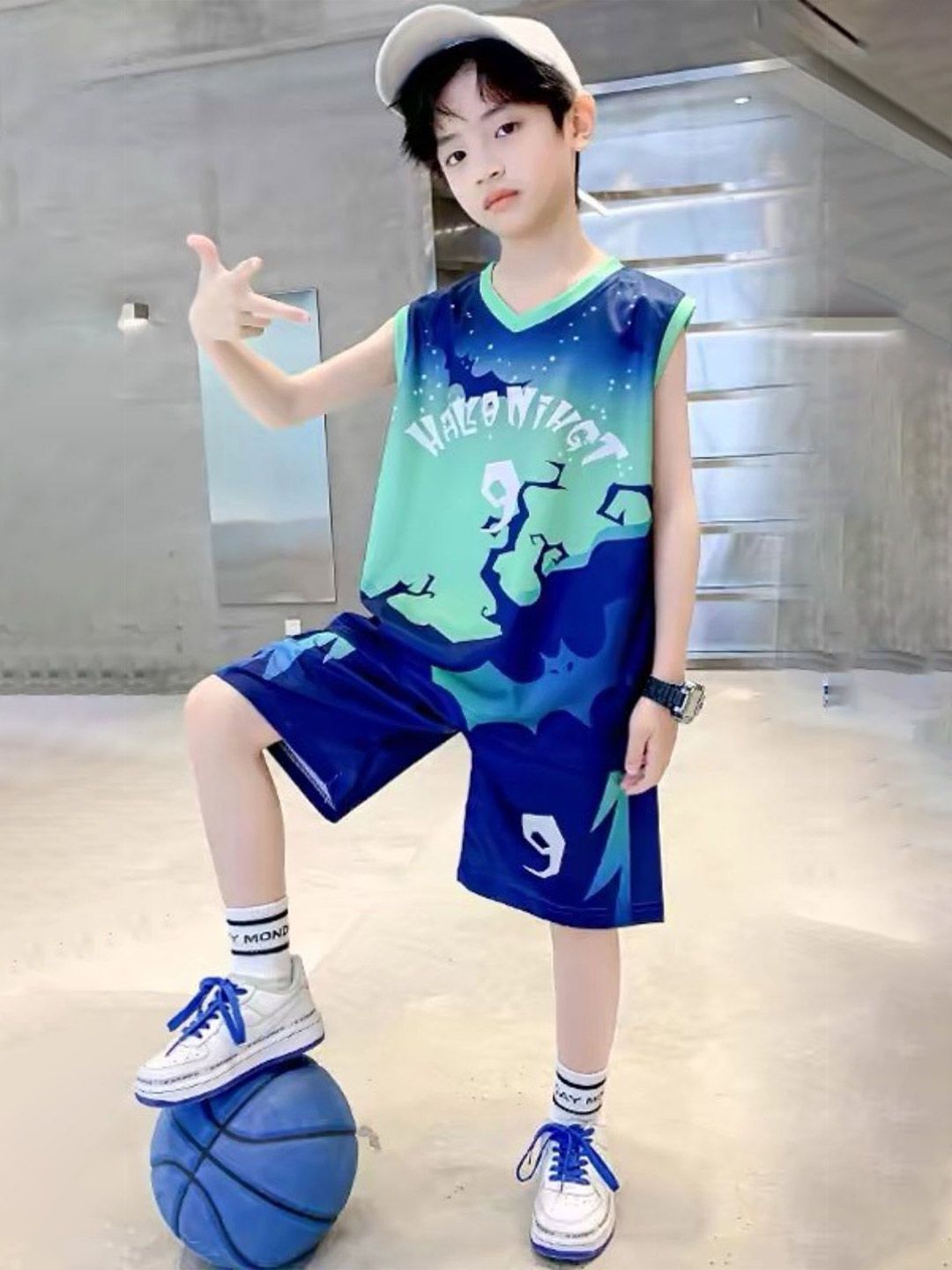 YK Boys Dicetak T-Shirt Leher Bulat dengan Seluar pendek