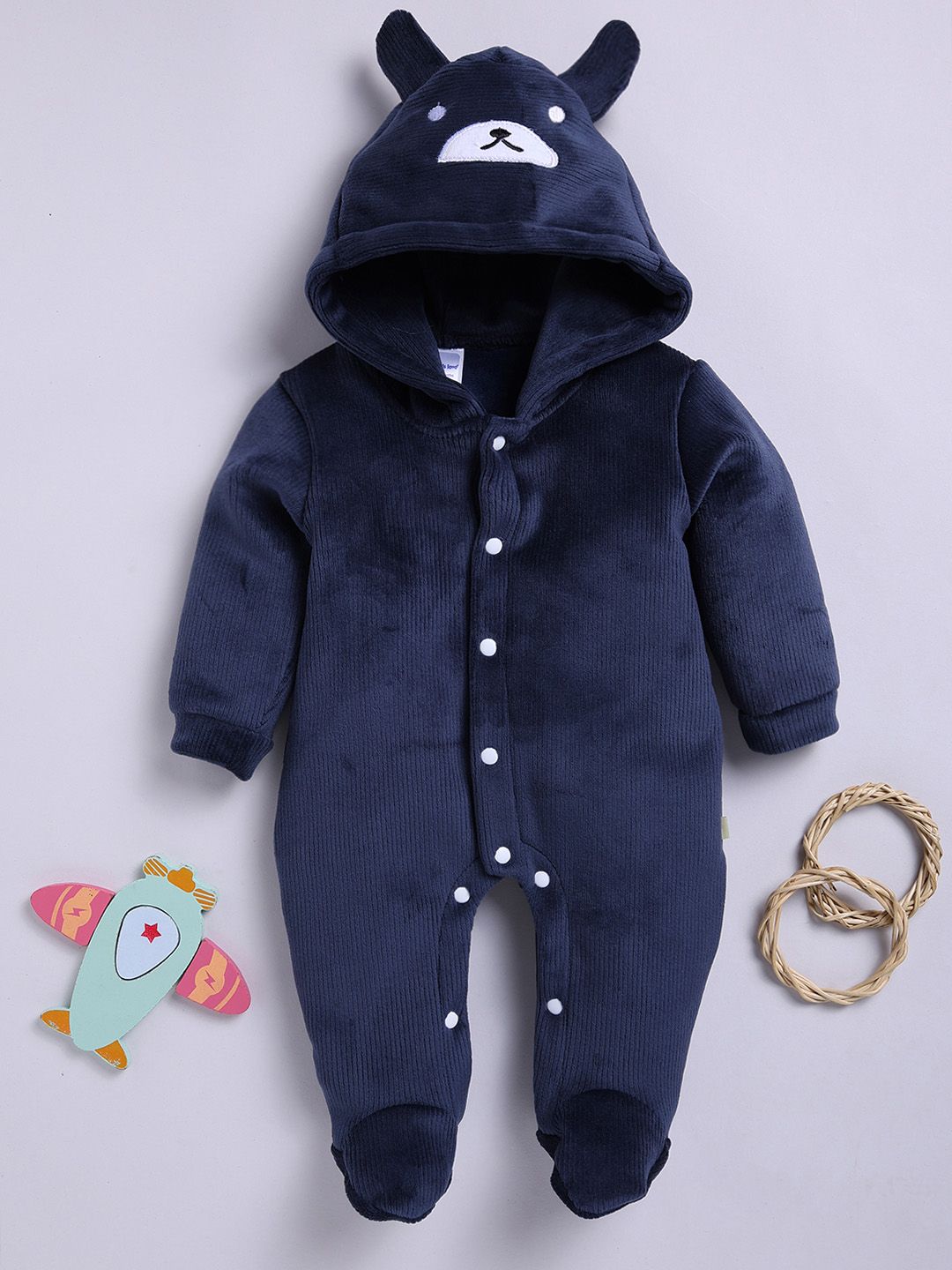 Moms Love Infant Boys Pure Cotton Velvet Finish Hooded Sleepsuit