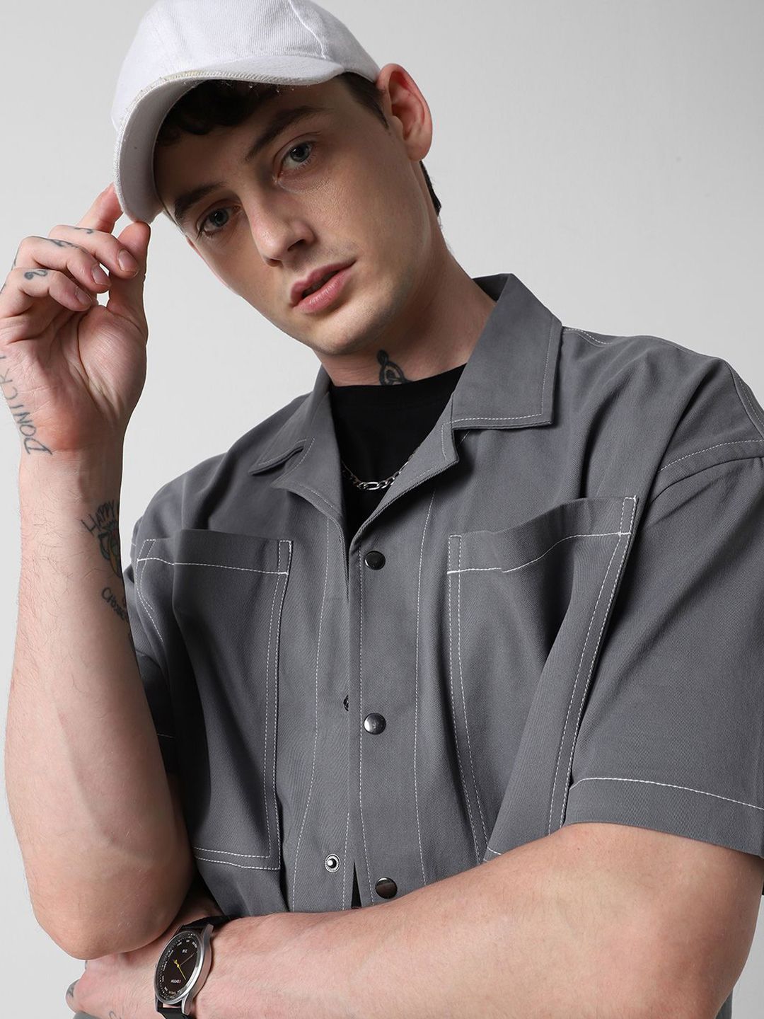 VASTRADO Men Classic Cuban Collar Solid Cotton Oversized Casual Shirt