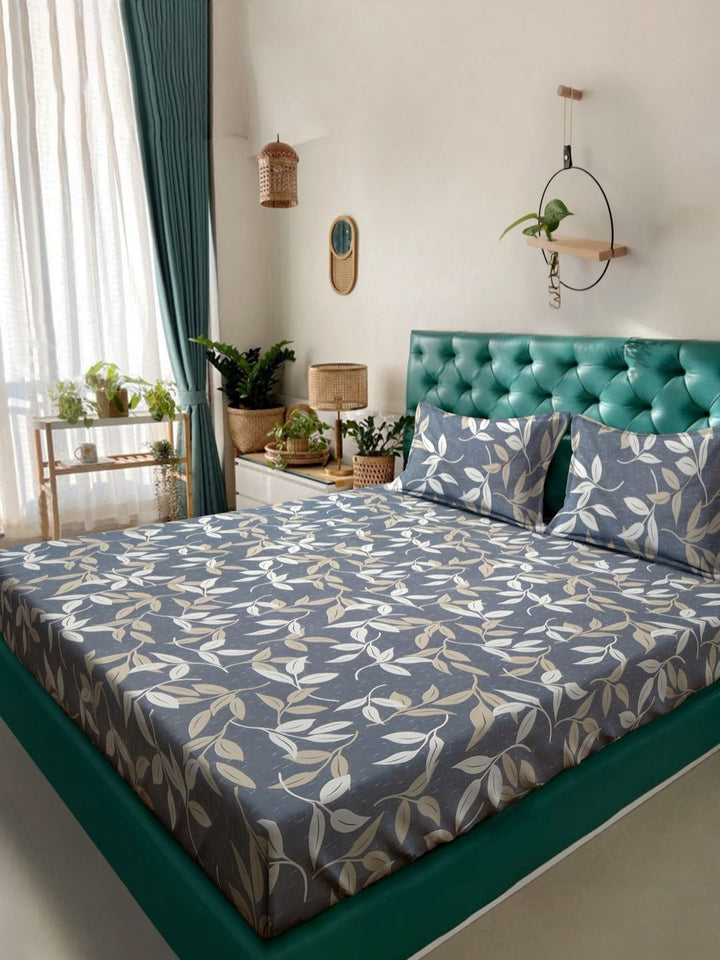Aura Grey Leaf Polycotton 300 TC King Fine Bedsheet with 2 Pillow Covers-98 x 89 inches