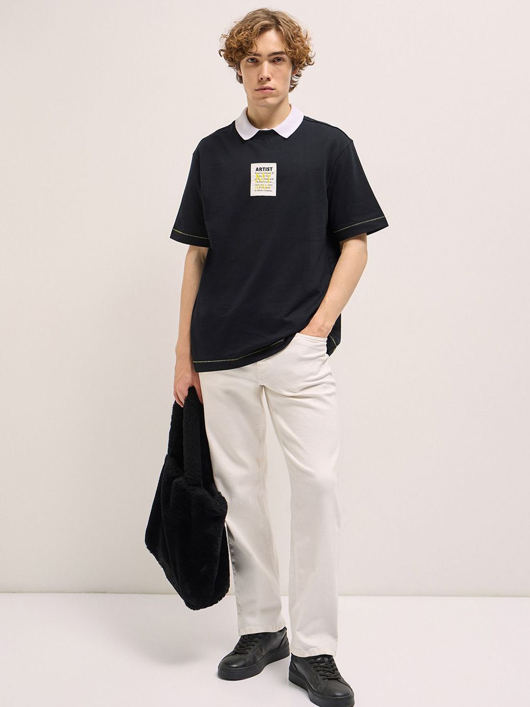 THE BEAR HOUSE Men Oversized Fit Typography Back Printed Pure Cotton T-shirt