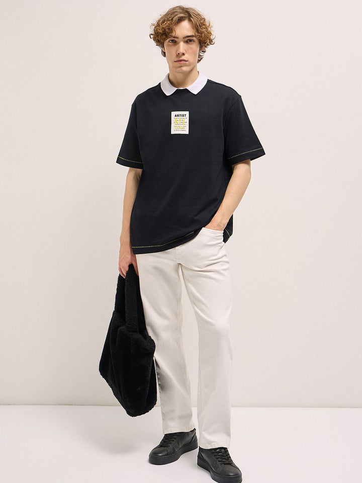 THE BEAR HOUSE Men Oversized Fit Typography Back Printed Pure Cotton T-shirt