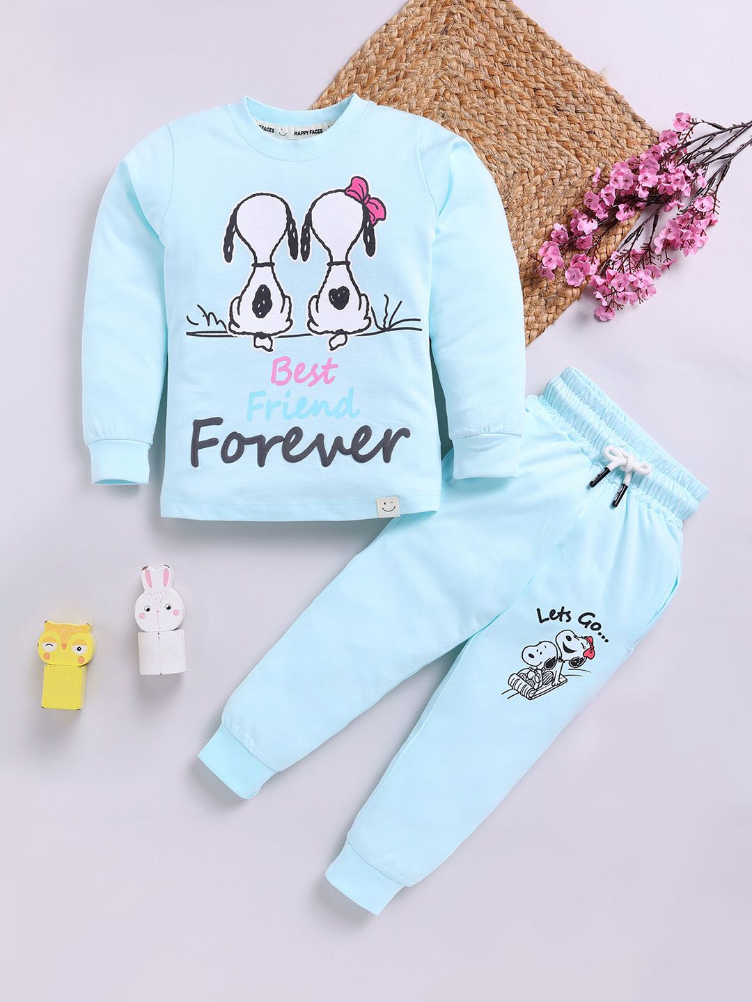 Happy Faces Girls Pure Cotton Peanuts Printed T-shirt with Joggers