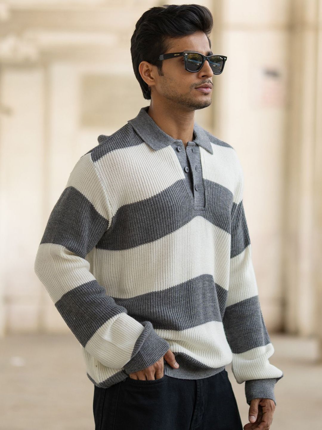 Powerlook Men Striped Polo Collar Full Sleeves Casual T-shirt