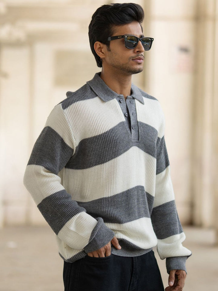 Powerlook Men Striped Polo Collar Full Sleeves Casual T-shirt