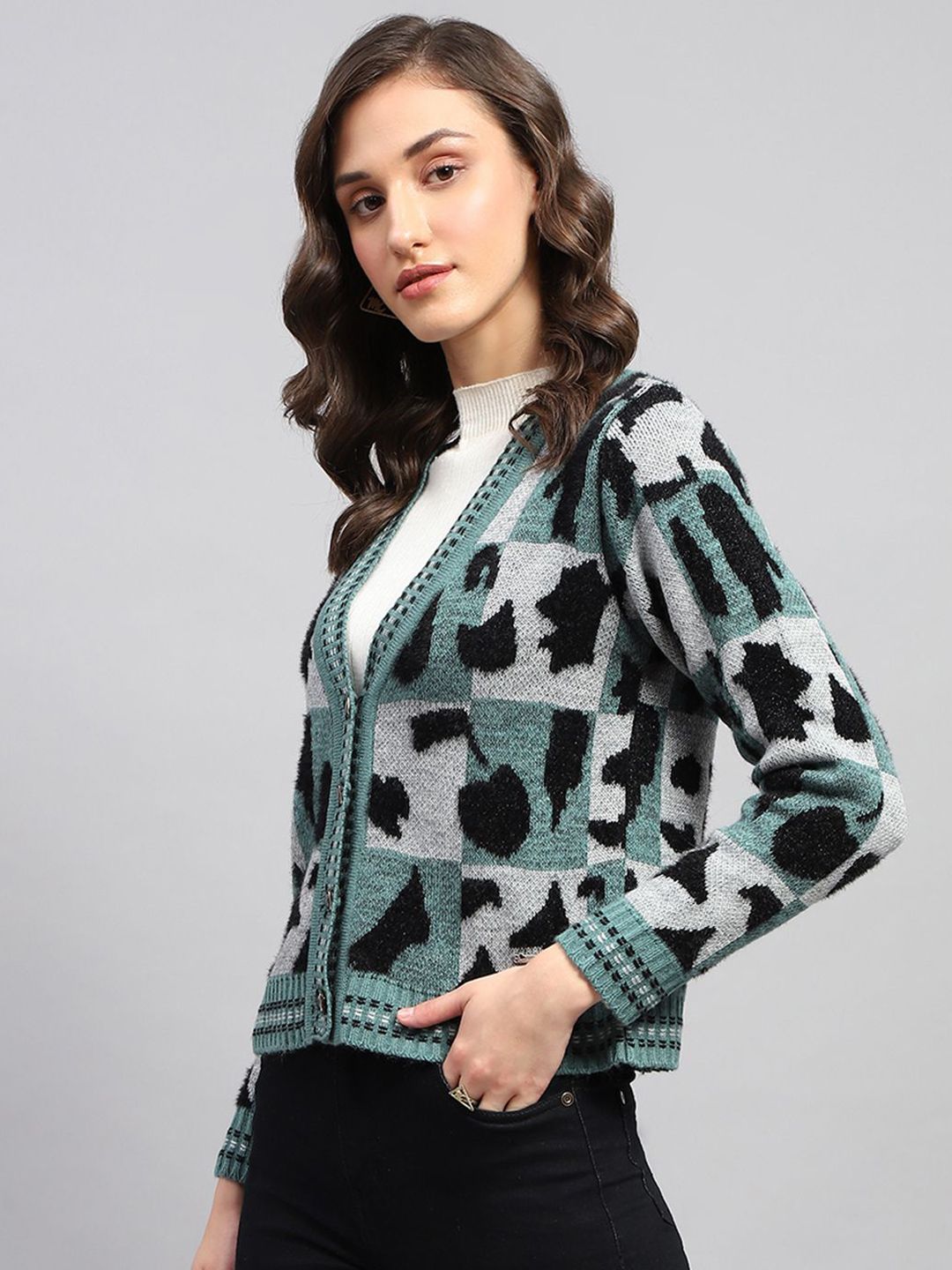 Monte Carlo Women Printed Woollen Longline Cardigan