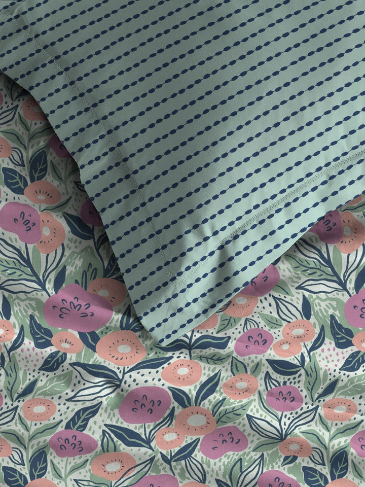 TRIDENT Jasmine Teal Moments Flat 120TC Queen Cotton Bedsheet Set