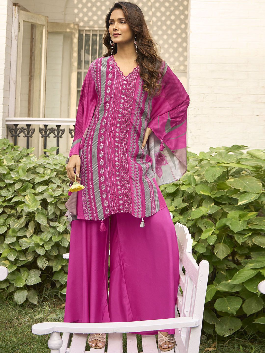 Anouk Floral Printed V-Neck Pure Silk Top With Palazzo