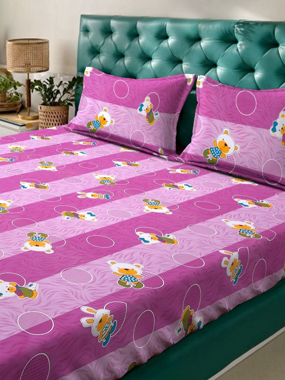 KLOTTHE Purple Cartoon Printed Fitted 400 TC Cotton King Bedsheet & 2 Pillow Covers