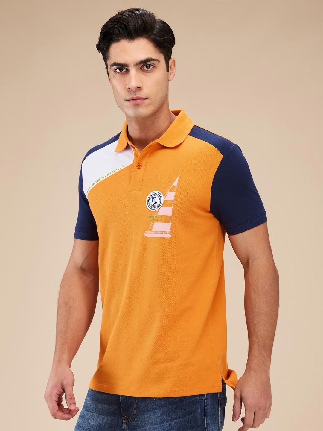 Being Human Men Colourblocked Polo Collar Cotton Slim Fit T-shirt